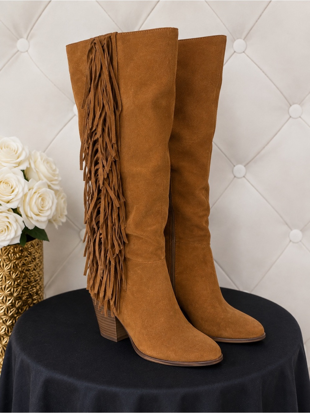Steve Madden Camel Suede Over-the-Knee Fringe Boots